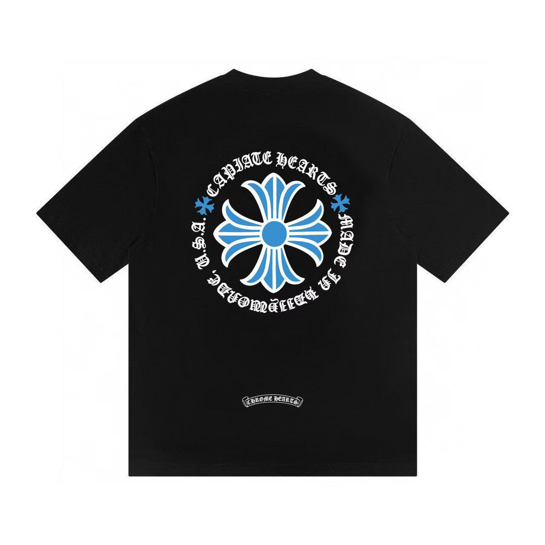 Blue Cross Logo Black T-Shirt by Chrome Hearts