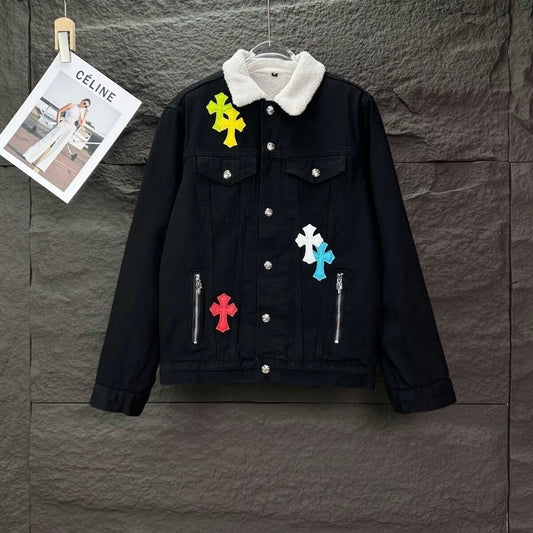 Denim Jacket With White Collar & Cross Patches by Chrome Hearts