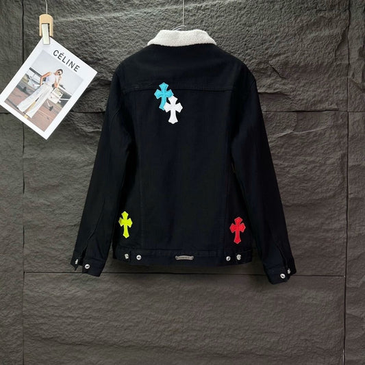 Denim Jacket With White Collar & Cross Patches by Chrome Hearts