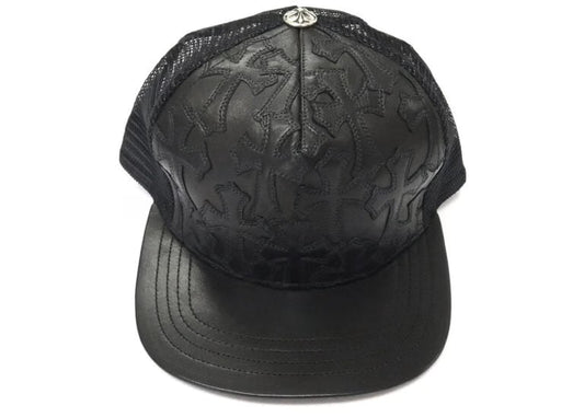 Cemetary Cross Leather Stitched Trucker Black Hat by Chrome Hearts