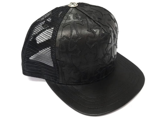 Cemetary Cross Leather Stitched Trucker Black Hat by Chrome Hearts