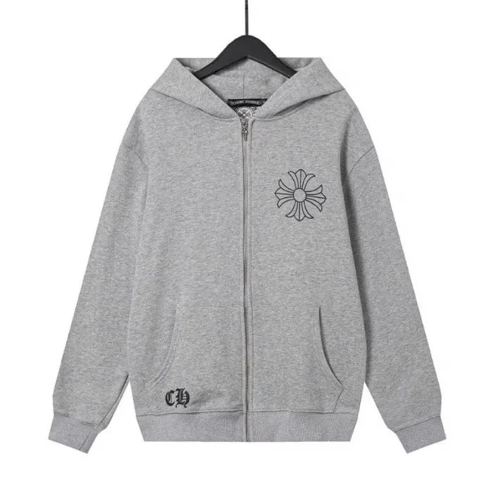 Grey Cross Floral Zip-up Hoodie by Chrome Hearts
